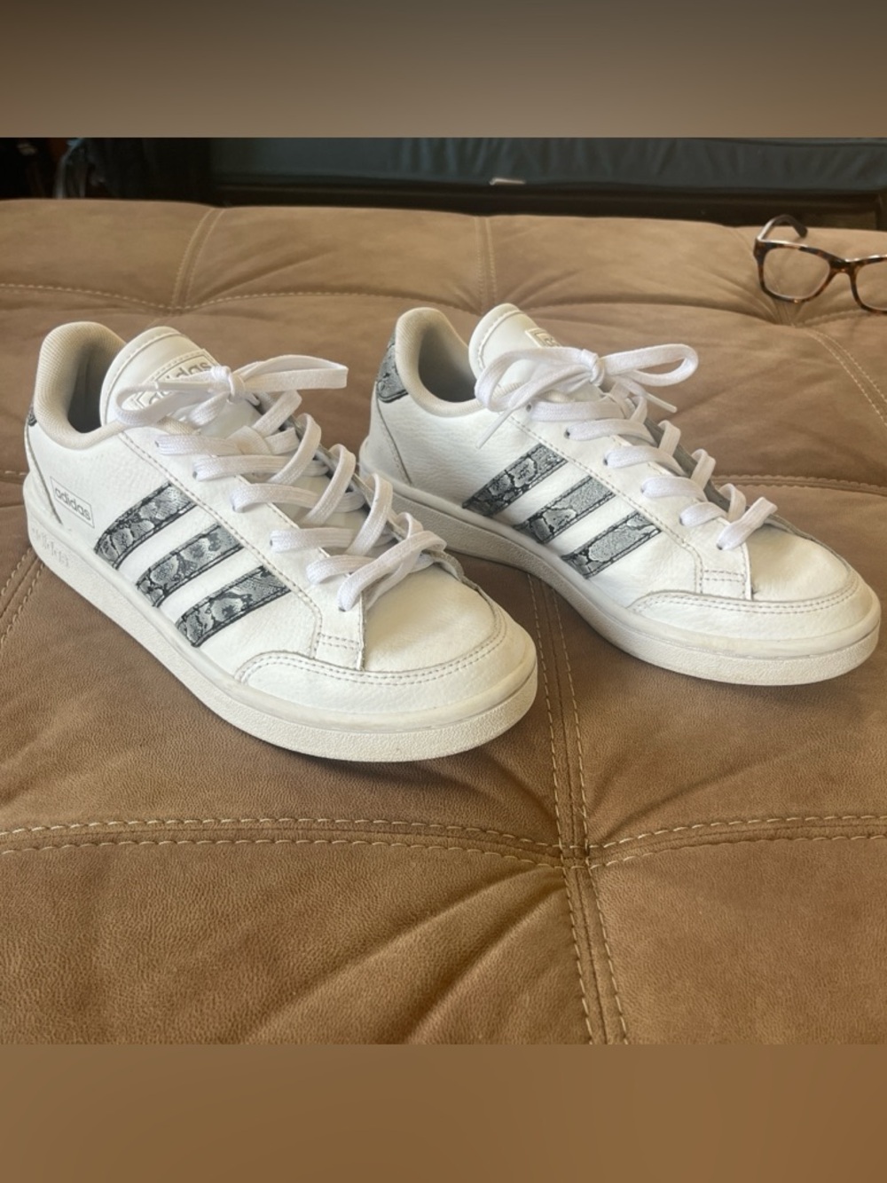 adidas White Leather Sneakers with Black Snakeskin-Patterned Stripes